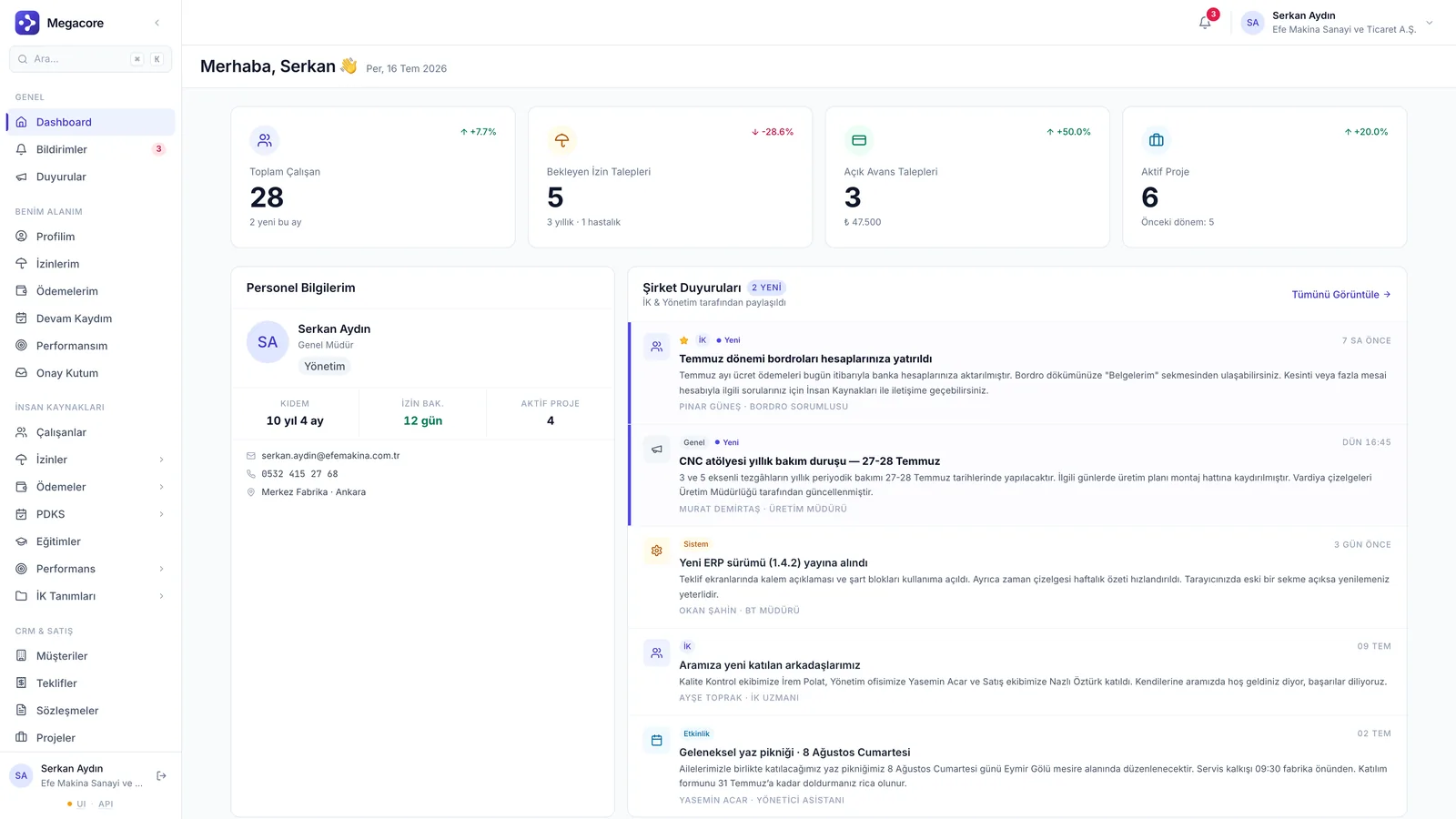MEGACORE dashboard ekranı — özet kartlar ve şirket duyuruları